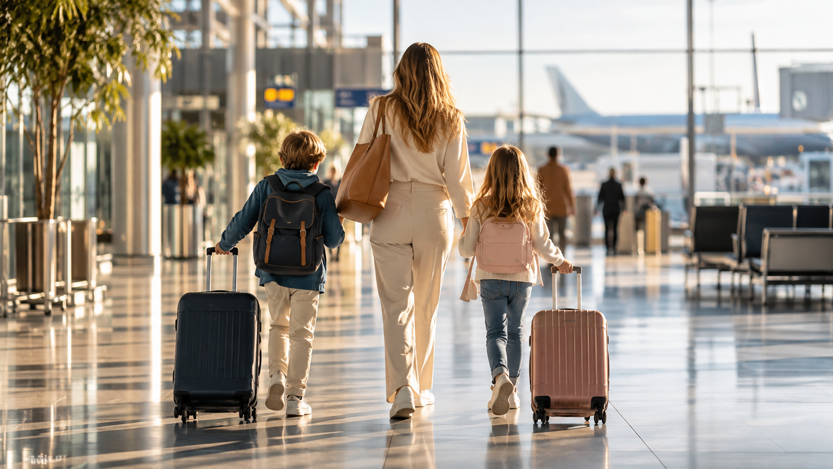 Moeder met twee kinderen en reiskoffers op een luchthaven